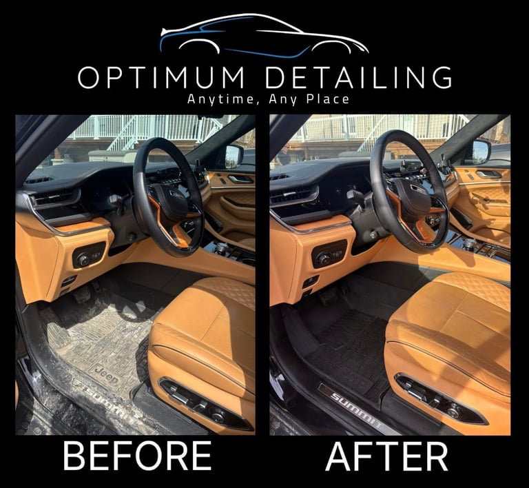 Before and after car interior detailing showing dirty carpets on left and clean carpets on right in luxury vehicle with tan leather seats