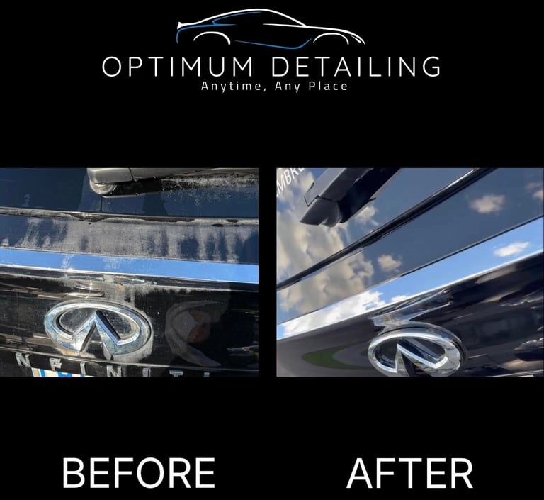 Before and after car detailing comparison showing Infiniti badge restoration by Optimum Detailing