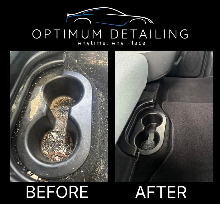 Before and after comparison of car cup holder cleaning by Optimum Detailing service
