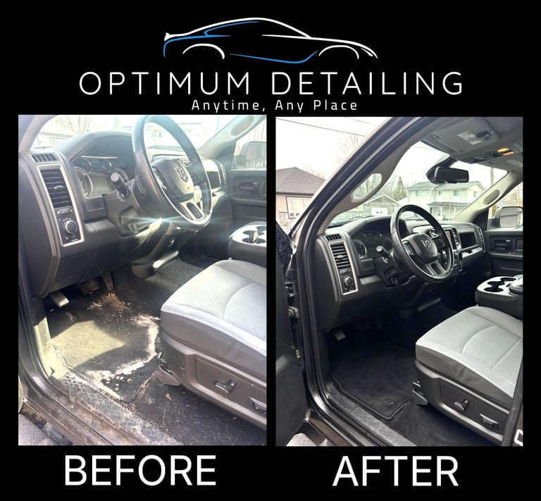 Before and after comparison of car interior detailing, showing dirty dashboard and seats transformed to clean, refreshed condition