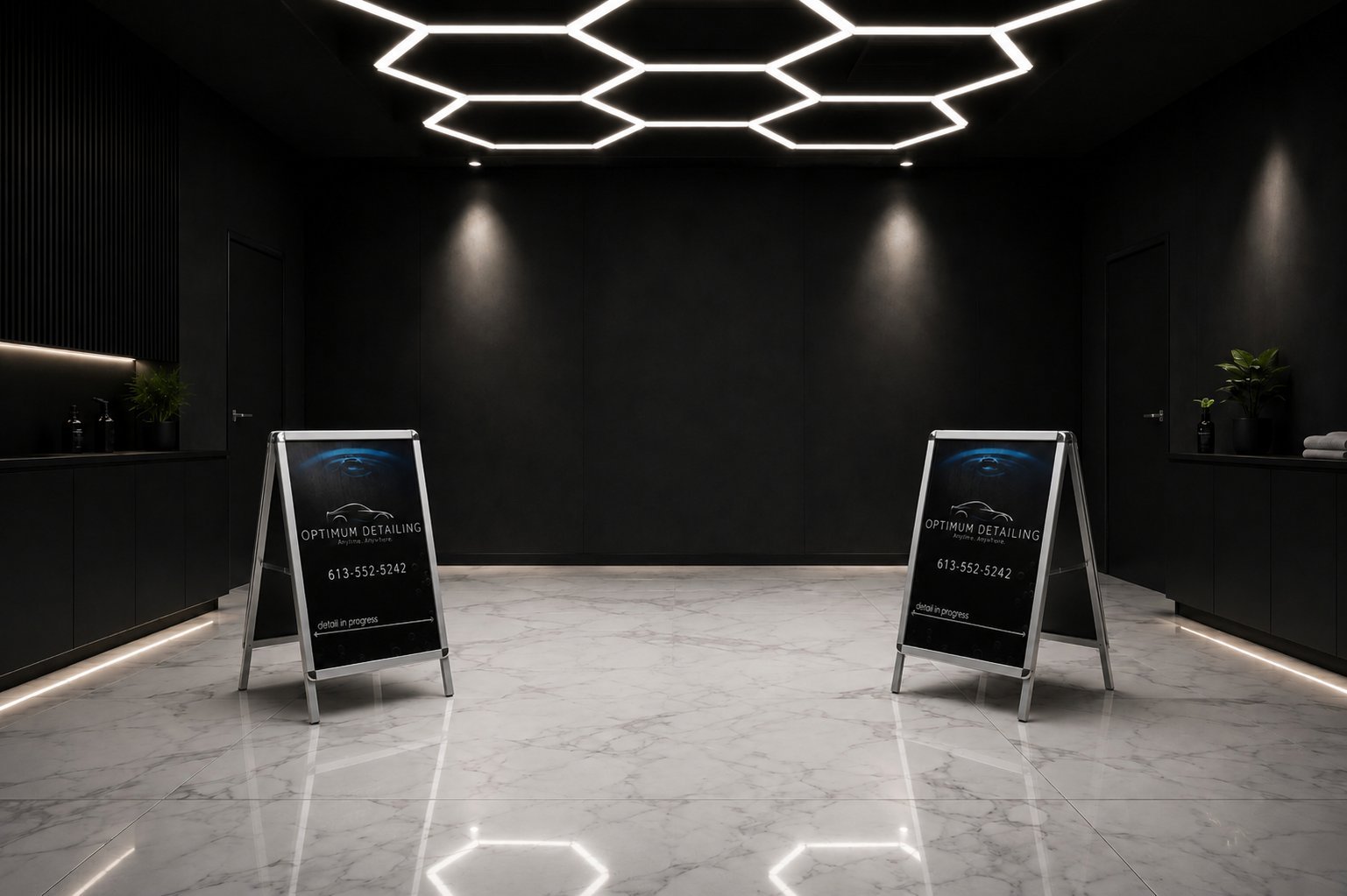 Modern luxury showroom with polished marble floor, hexagonal ceiling lights, and two A-frame directional signs facing each other
