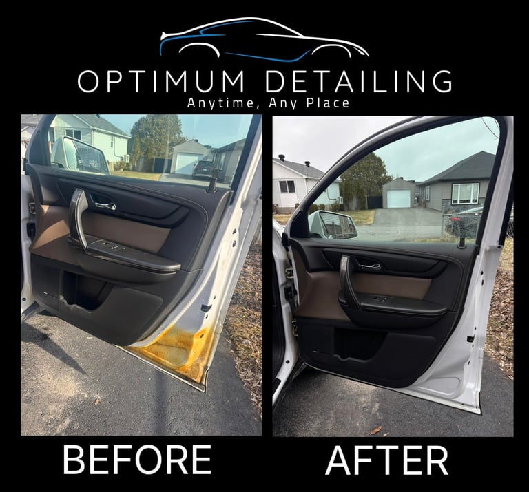 Before and after comparison of car door detailing service. Left shows dirty door interior, right shows cleaned and restored door interior