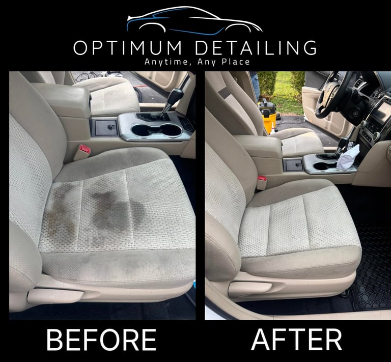 Before and after comparison of car seat detailing showing stained fabric seat before cleaning and pristine clean seat after professional detailing service